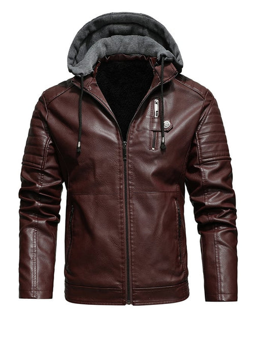 DANIEL - Hooded jacket with a leather effect and zipper closure