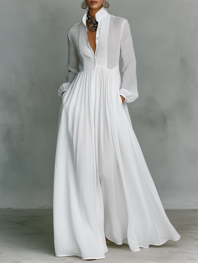 Elisa - Maxi Minimalist Made of Cotton and Linen with Patchwork, High Collar and Long Sleeves