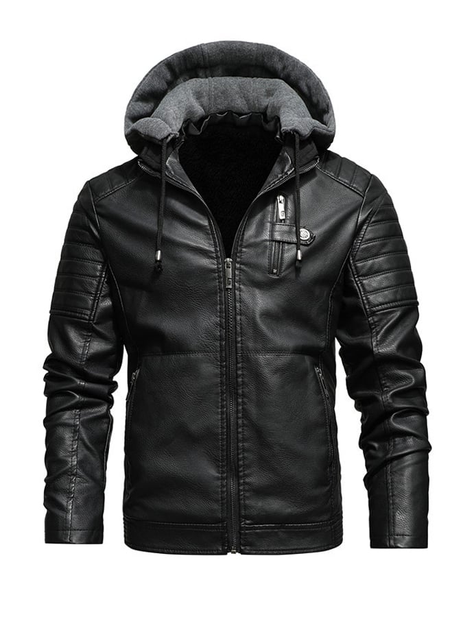 DANIEL - Hooded jacket with a leather effect and zipper closure