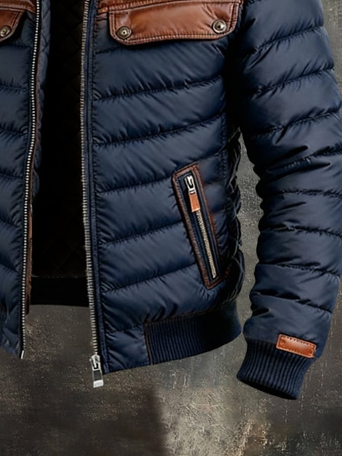 ALEKSANDER - NAVY QUILTED JACKET WITH LEATHER INSERTS