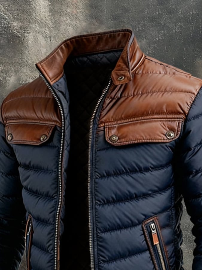 ALEKSANDER - NAVY QUILTED JACKET WITH LEATHER INSERTS