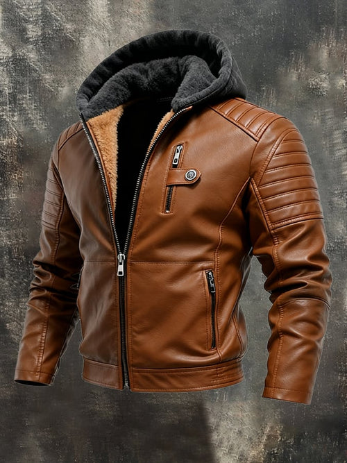 DANIEL - Hooded jacket with a leather effect and zipper closure