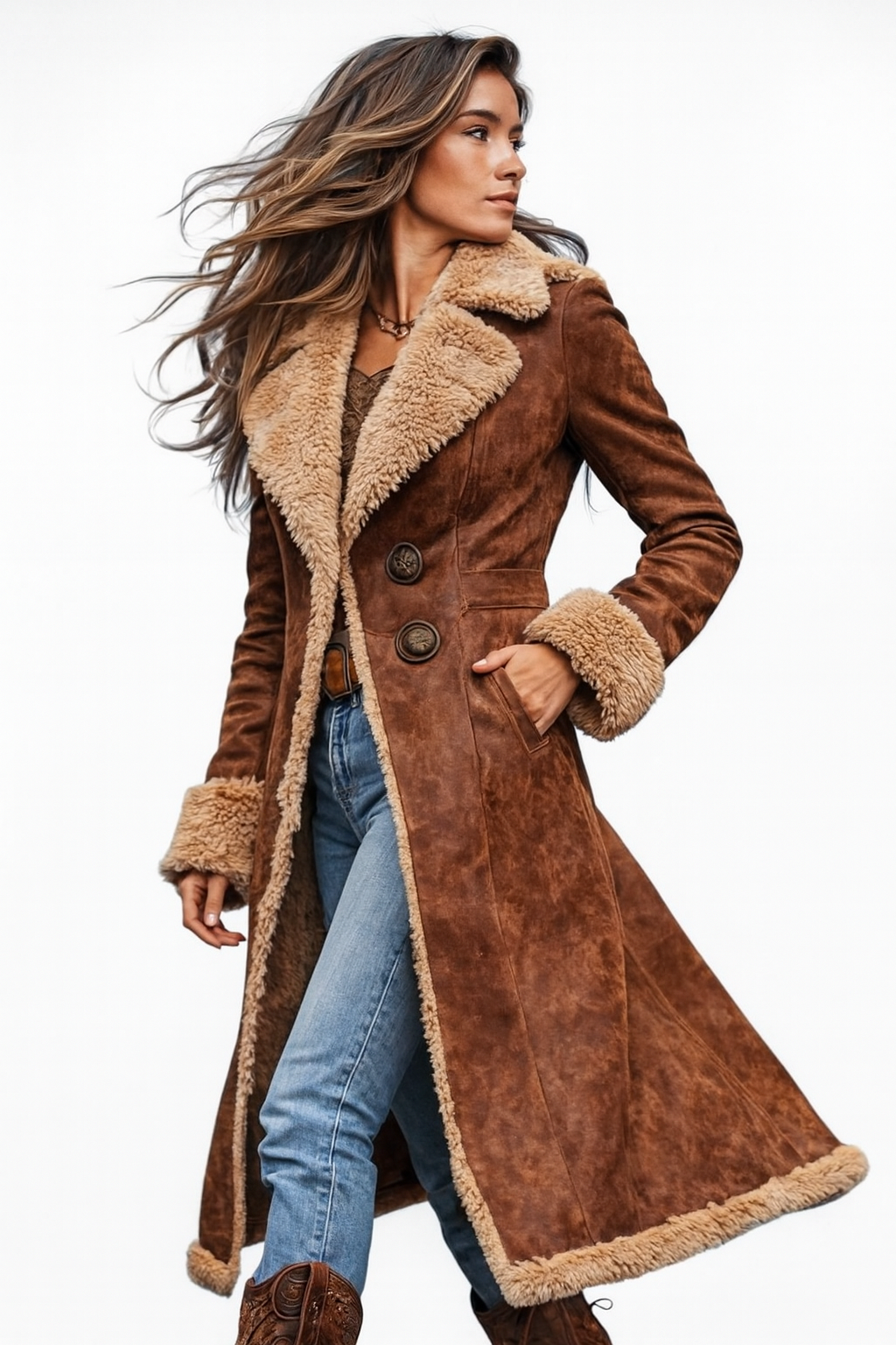 LIVIA LONG VINTAGE-INSPIRED COAT WITH FUR