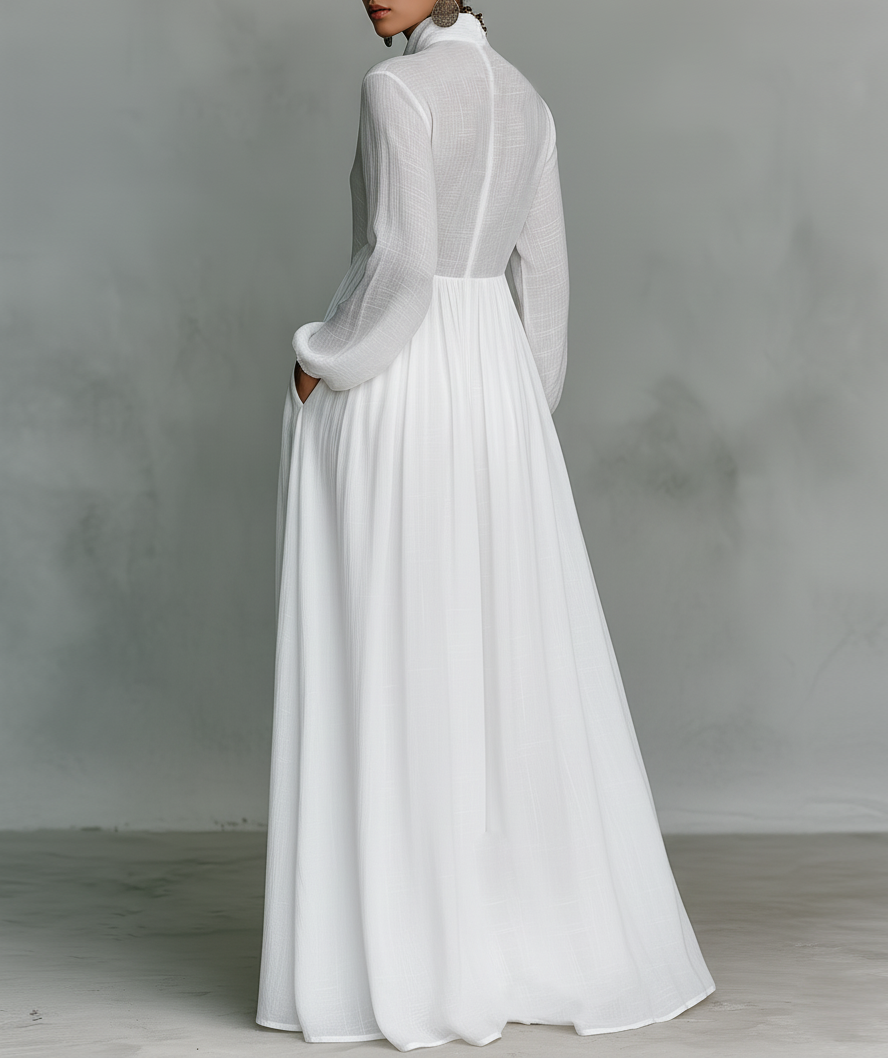 Elisa - Maxi Minimalist Made of Cotton and Linen with Patchwork, High Collar and Long Sleeves