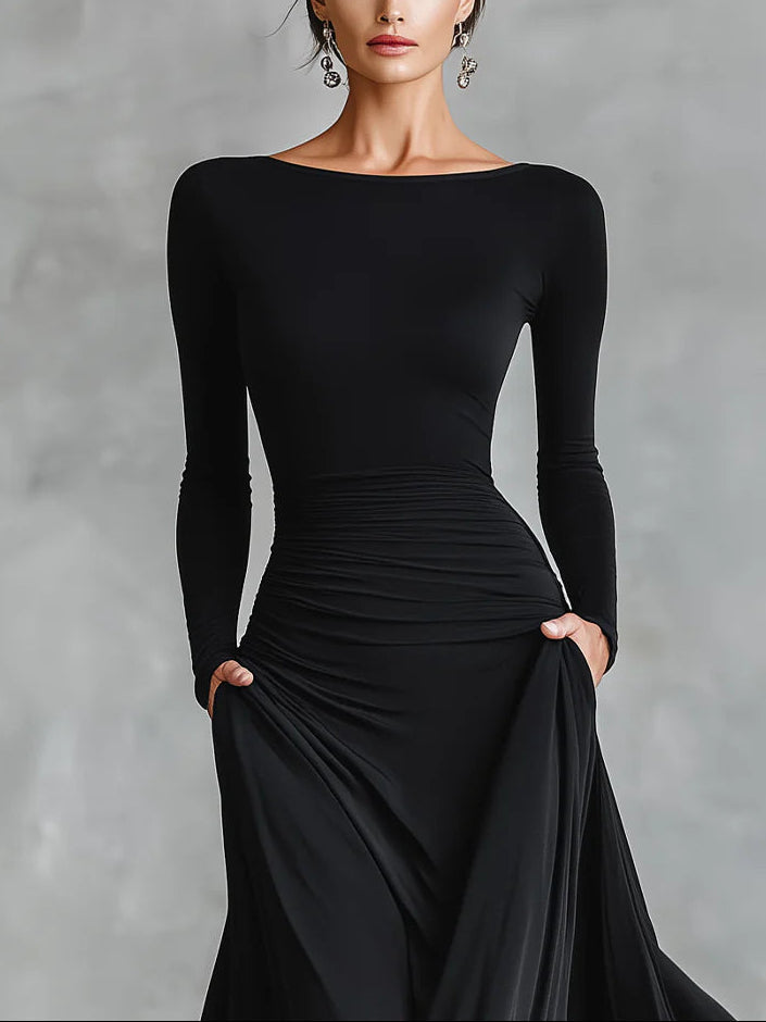Adele - Modern long black crepe dress with a boat neckline and pleats