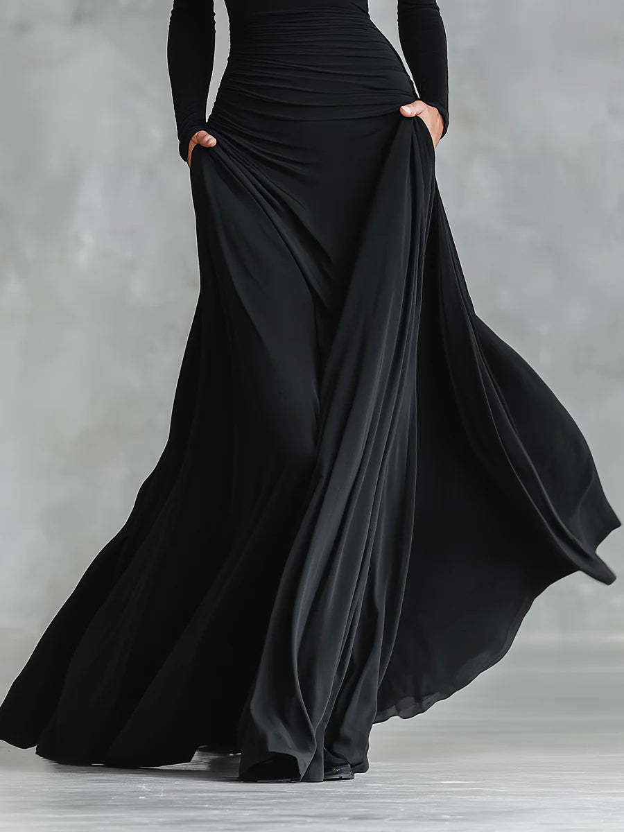 Adele - Modern long black crepe dress with a boat neckline and pleats