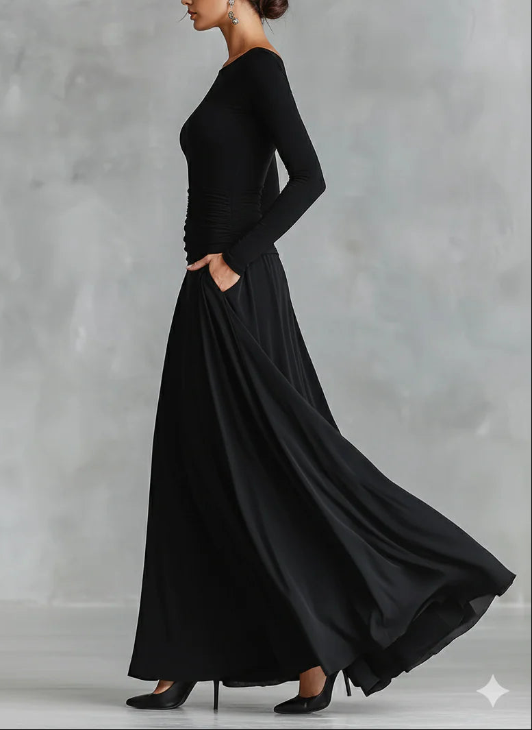 Adele - Modern long black crepe dress with a boat neckline and pleats