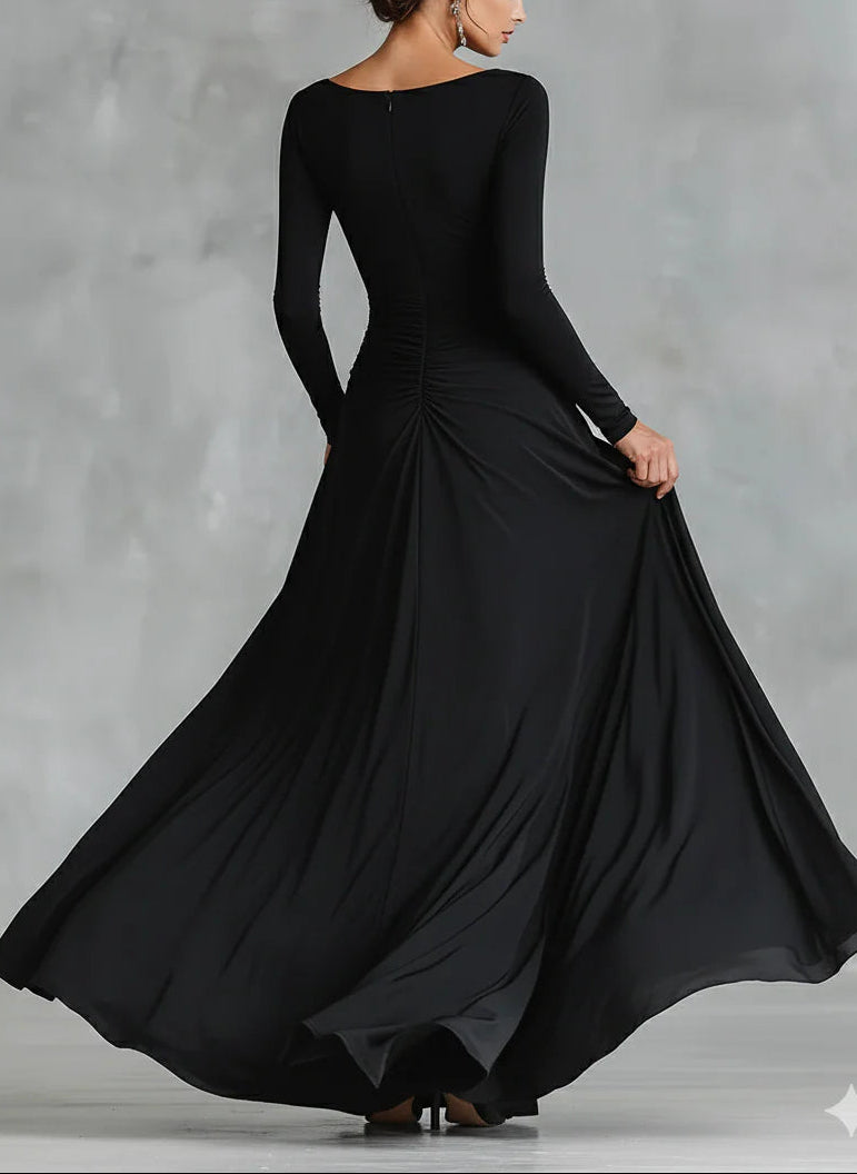 Adele - Modern long black crepe dress with a boat neckline and pleats