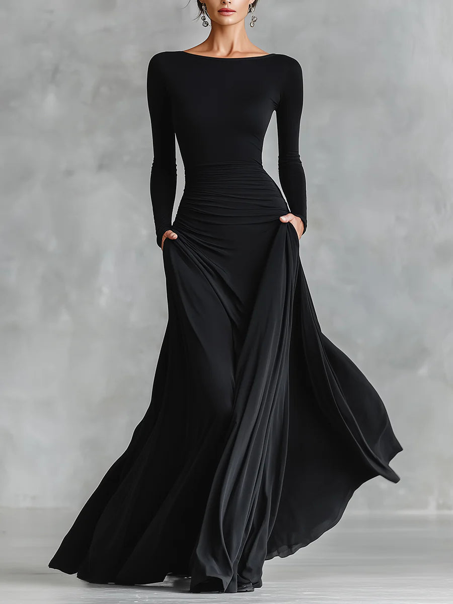 Adele - Modern long black crepe dress with a boat neckline and pleats