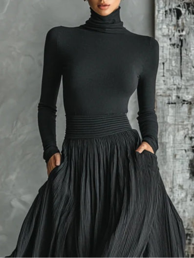 Soraya - Pleated Skirt and Black Fitted Long-Sleeve T-Shirt Set
