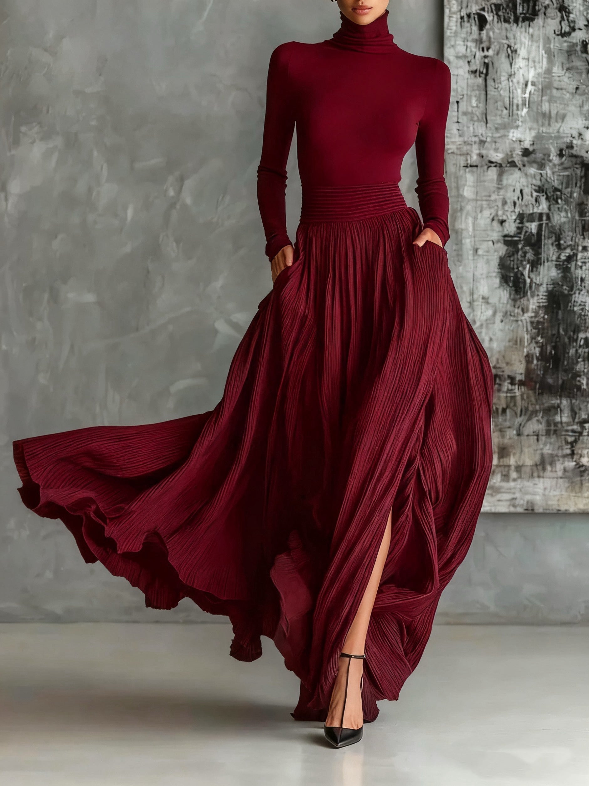 Soraya - Pleated Skirt and Black Fitted Long-Sleeve T-Shirt Set
