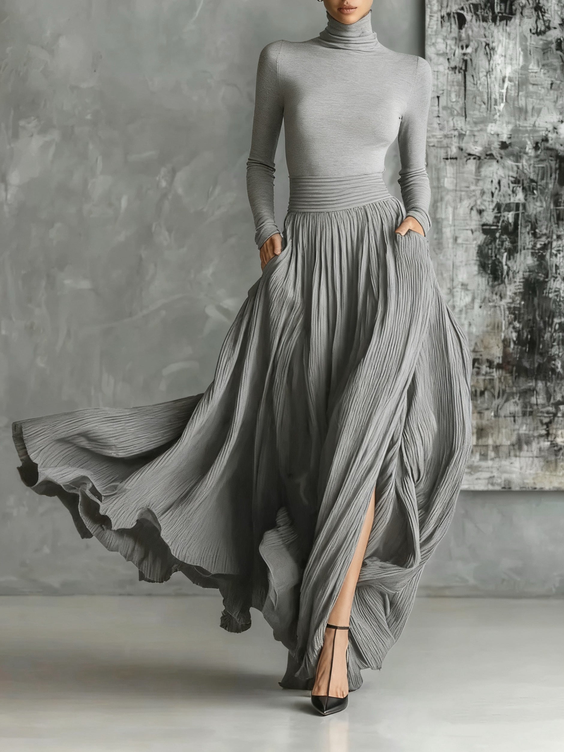 Soraya - Pleated Skirt and Black Fitted Long-Sleeve T-Shirt Set