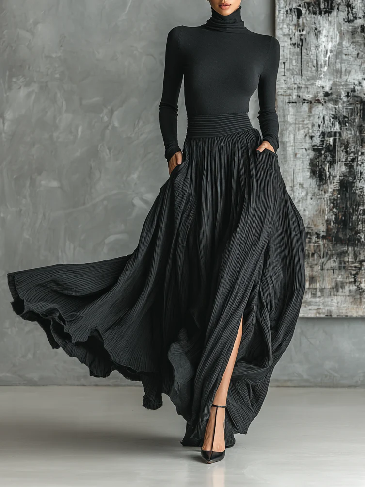 Soraya - Pleated Skirt and Black Fitted Long-Sleeve T-Shirt Set
