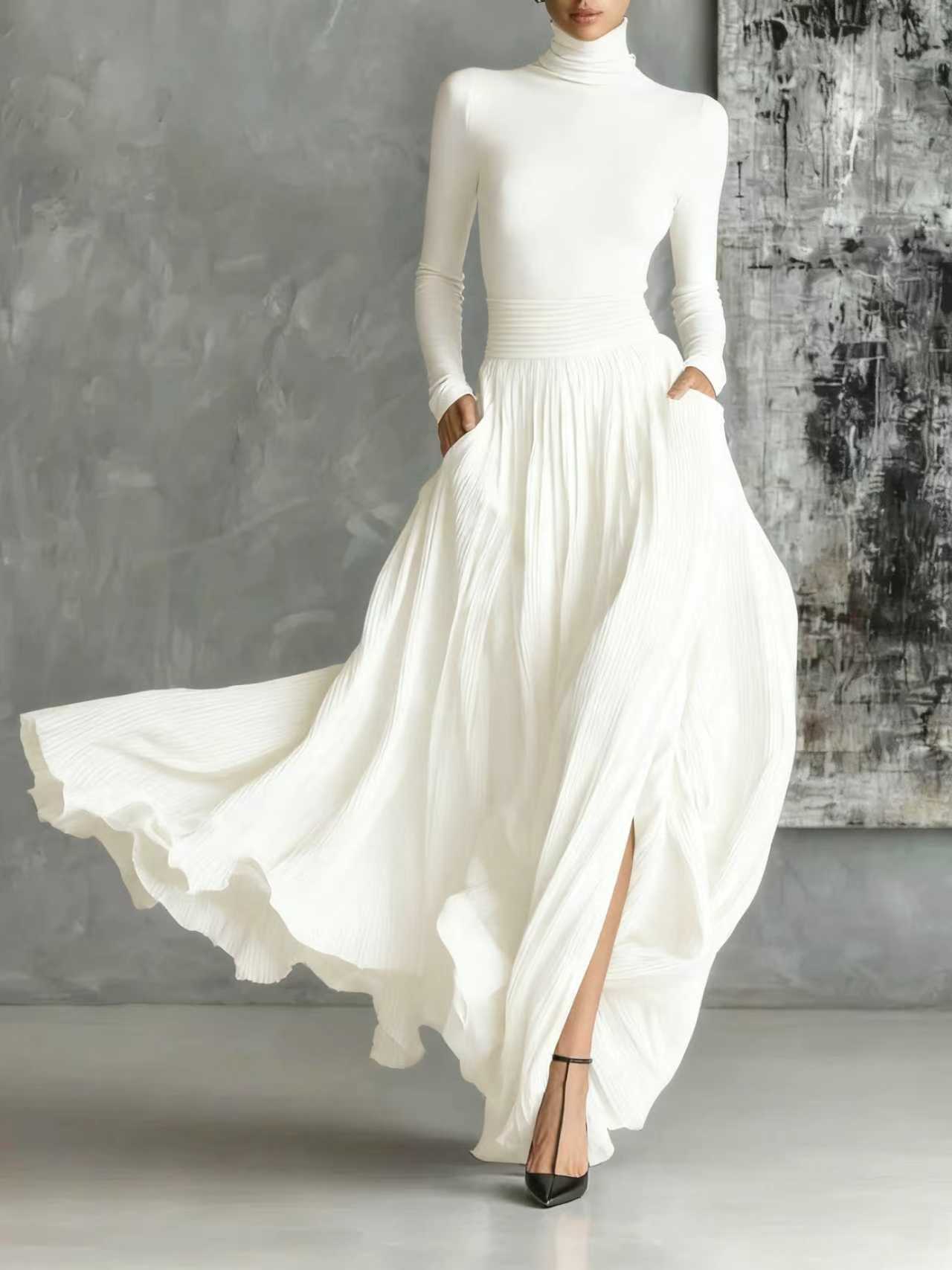 Soraya - Pleated Skirt and Black Fitted Long-Sleeve T-Shirt Set