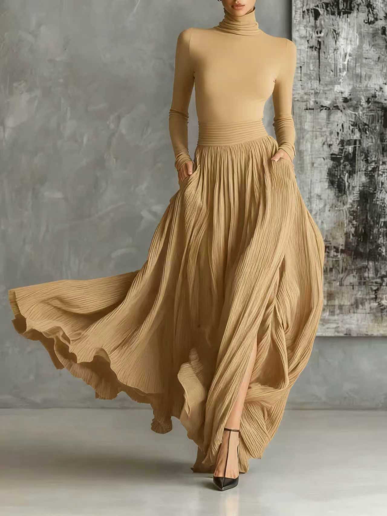 Soraya - Pleated Skirt and Black Fitted Long-Sleeve T-Shirt Set