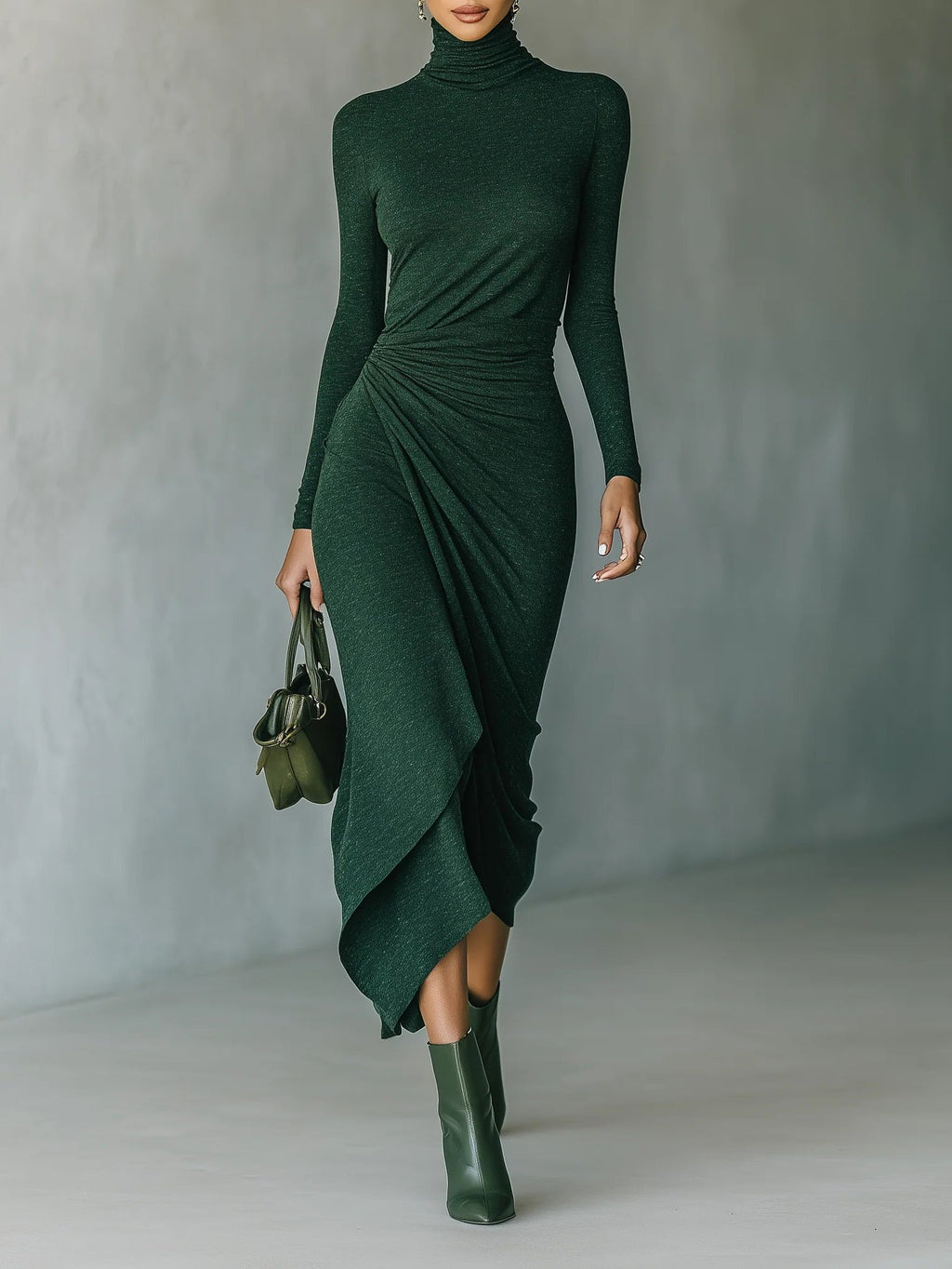 Lenora - Asymmetric midi dress with draping and a high collar in dark green