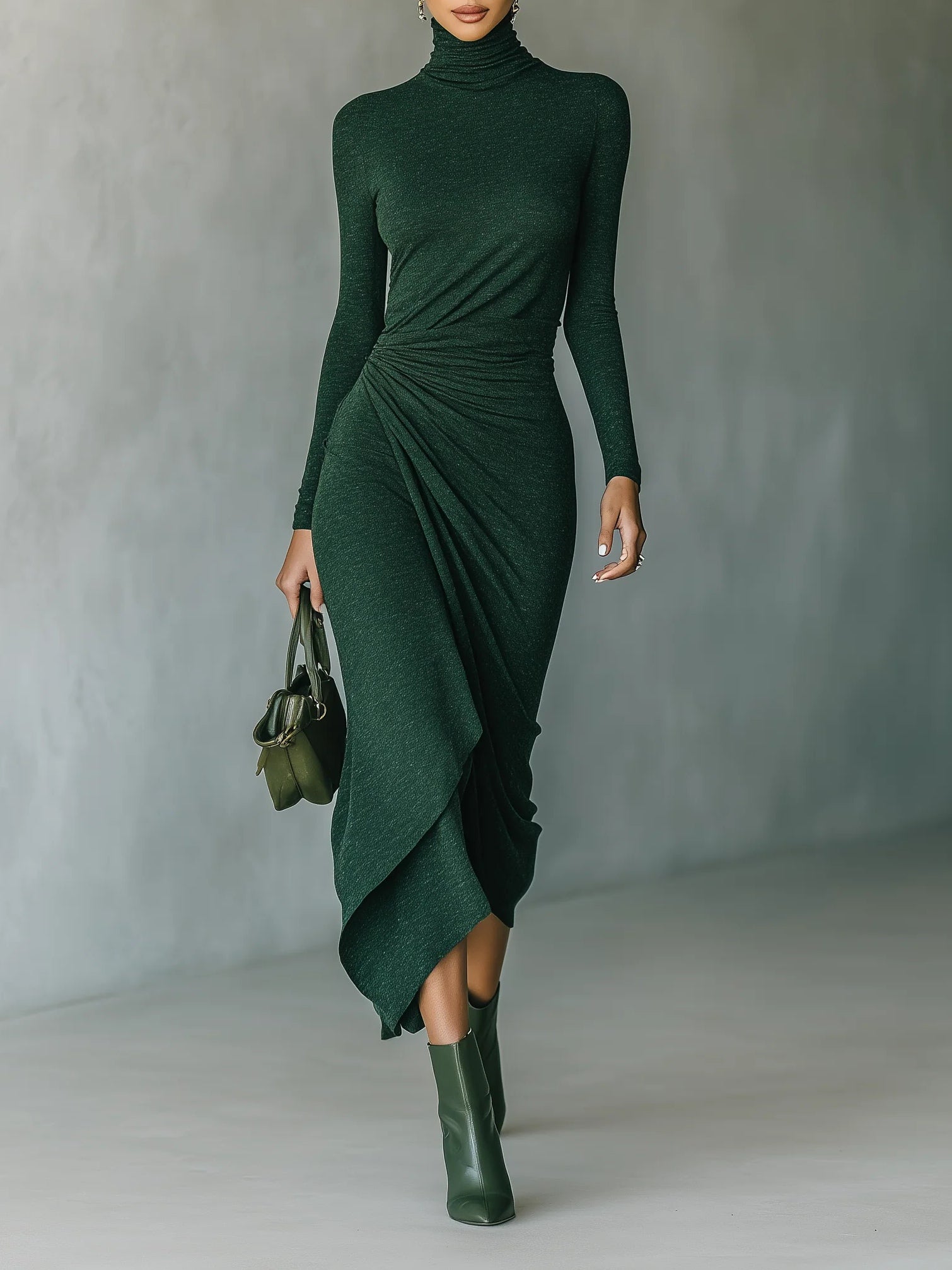 Lenora - Asymmetric midi dress with draping and a high collar in dark green