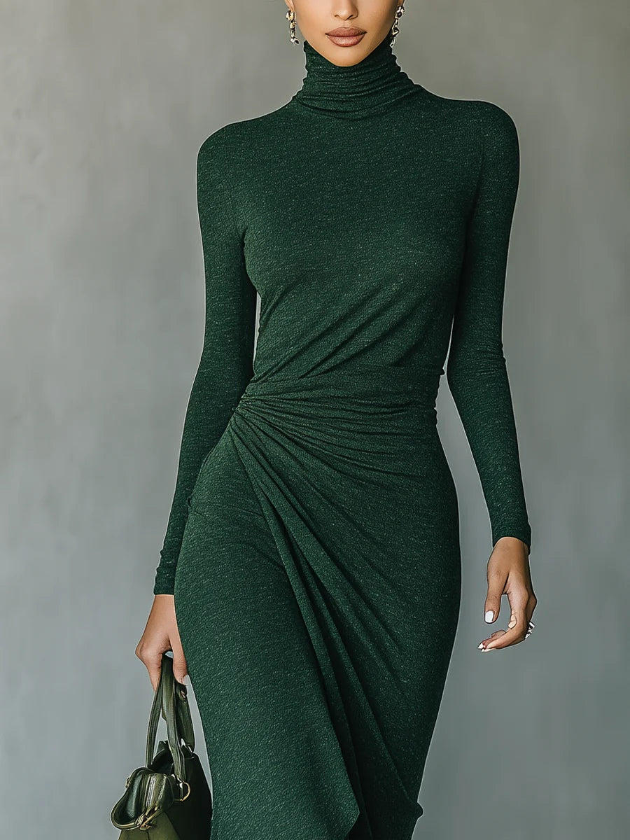 Lenora - Asymmetric midi dress with draping and a high collar in dark green