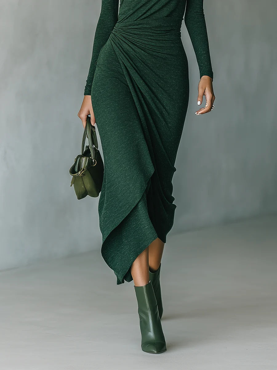 Lenora - Asymmetric midi dress with draping and a high collar in dark green