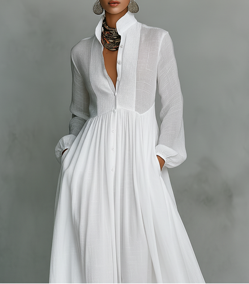 Elisa - Maxi Minimalist Made of Cotton and Linen with Patchwork, High Collar and Long Sleeves