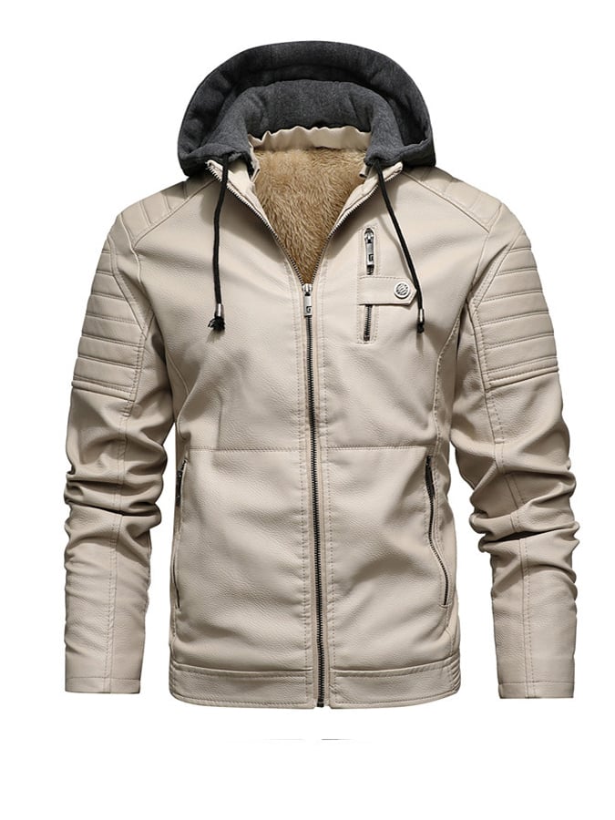 DANIEL - Hooded jacket with a leather effect and zipper closure
