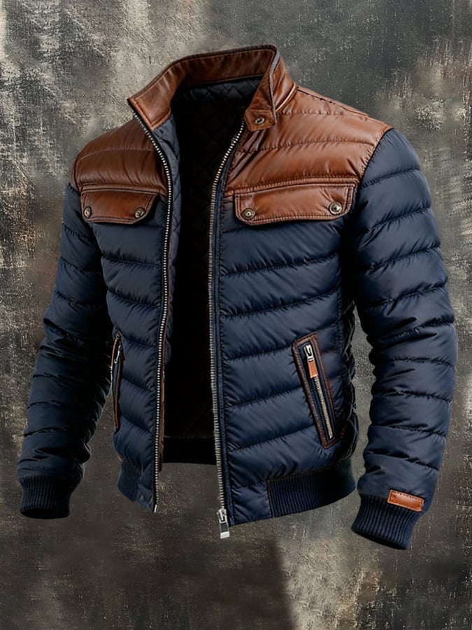 ALEKSANDER - NAVY QUILTED JACKET WITH LEATHER INSERTS