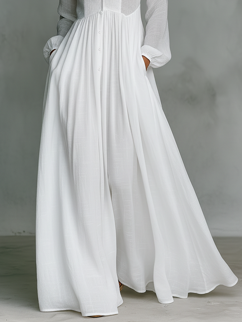 Elisa - Maxi Minimalist Made of Cotton and Linen with Patchwork, High Collar and Long Sleeves